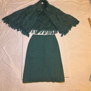 Elegant Teal Fringe Poncho and Skirt Set
